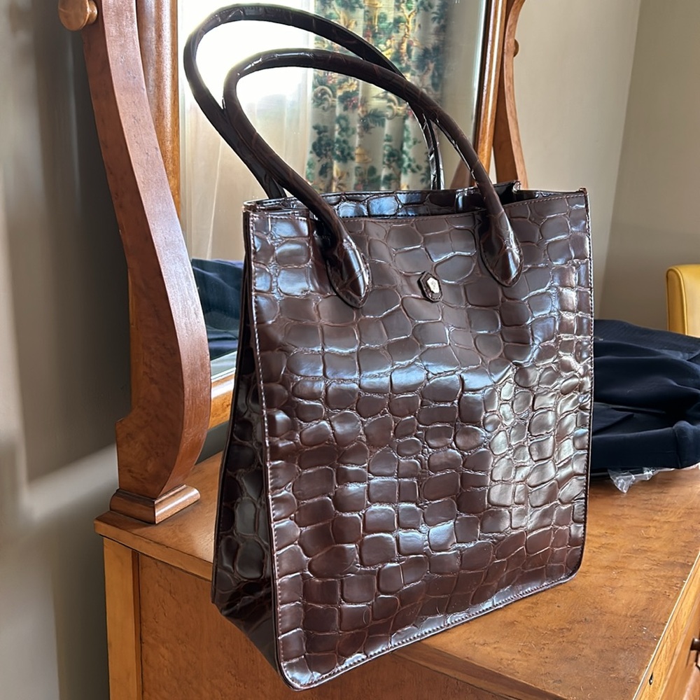 Ralph Lauren Brown Crocodile-Embossed Tote